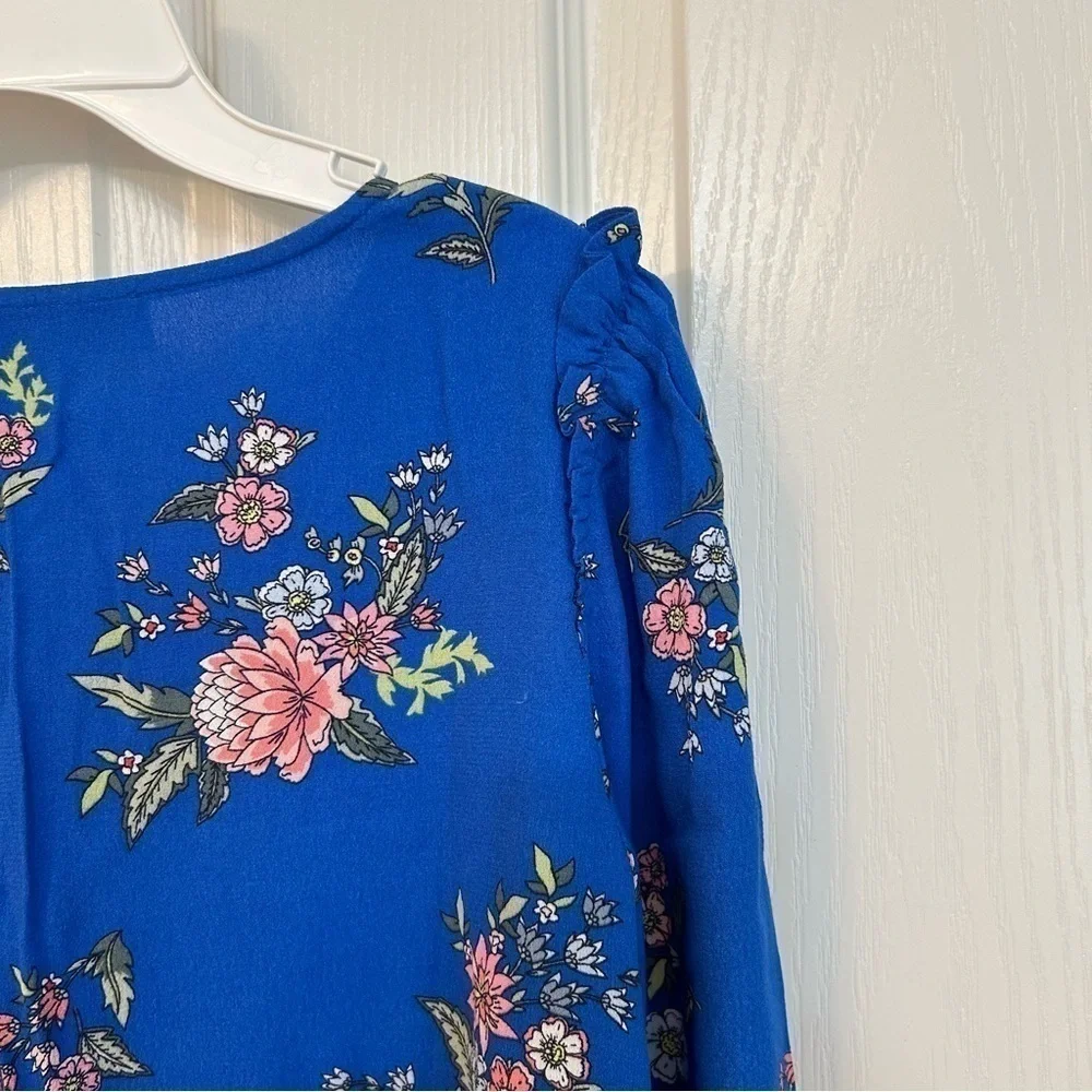 Loft Floral Ruffle V-Neck Long Puff Sleeve Blouse in Royal Blue Floral Size XSP